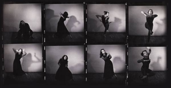 8 small black and white images of dancer Edith Stephen pulling dynamic poses. This is a proofsheet from a photo shoot which occurred in the early 1960s.